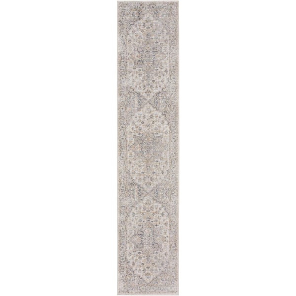 Nourison Astra Machine Washable Silver Grey 2 ft. x 10 ft. Distressed Traditional Kitchen Runner Area Rug