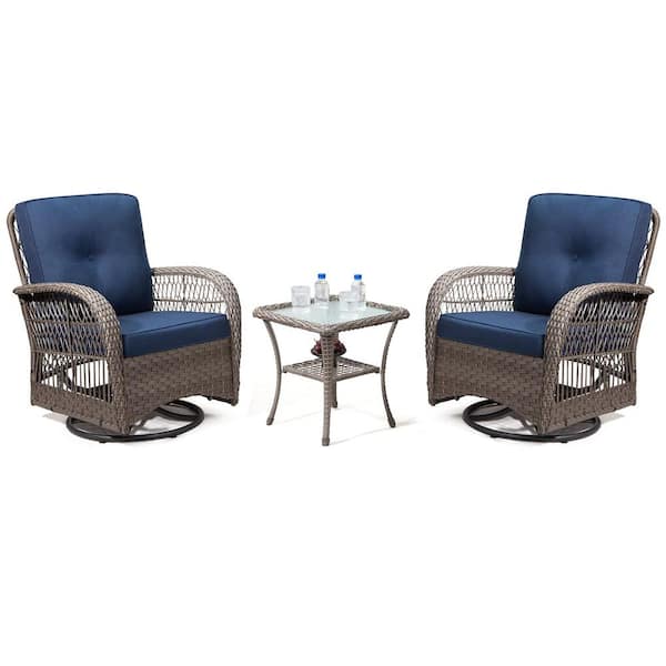 Unbranded 3 Piece Grey Wicker Swivel Patio Outdoor Rocking Chair with Blue Premium Fabric Cushions and Matching Side Table