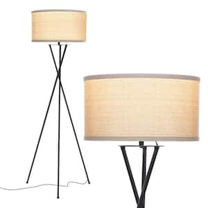 Jaxon 60 in. Classic Black Mid-Century Modern 1-Light LED Energy Efficient Floor Lamp with Beige Fabric Drum Shade