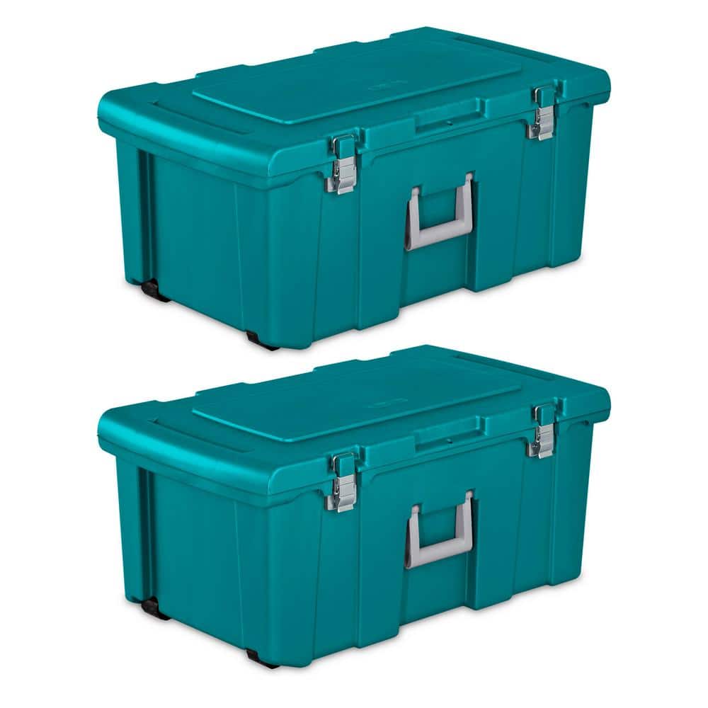 Teal Plastic Wheeled Footlocker Storage Container, 2 Pack, 16 Gallon