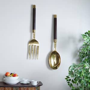 Aluminum Gold Spoon and Fork Utensils Wall Decor (Set of 2)