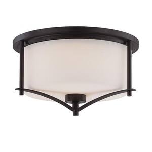 Colton 14.5 in. W x 8.5 in. H 2-Light English Bronze Flush Mount Ceiling Light with Opal Glass Shade