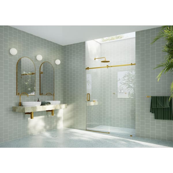 Glass Warehouse 60 in. W x 78 in. H Sliding Frameless Shower Door with Square Hardware in Satin Brass