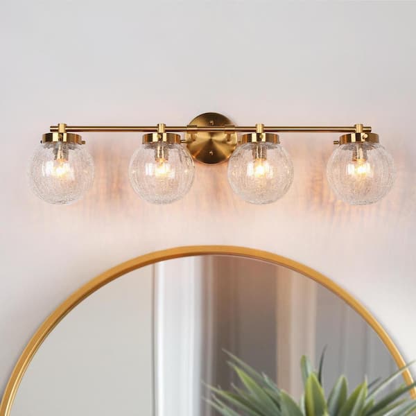 LNC Icecrac Modern 29.5 in. 4-Light Brass Bathroom Vanity Light with Cracked Ice Glass Globe Shades
