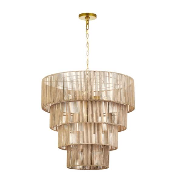 5-Light Distressed Gold Oversize Pendant Light with Rattan Shade (4-Tiered)
