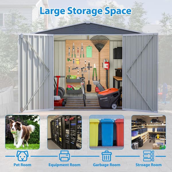 8 ft. W x 6 ft. D Gray Outdoor Storage Metal Shed, with Double