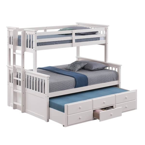 Veran White Twin Over Full Bunk Bed with Trundle and 3 Drawers