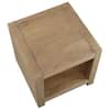 Top down angled view of a square brown wood end table.