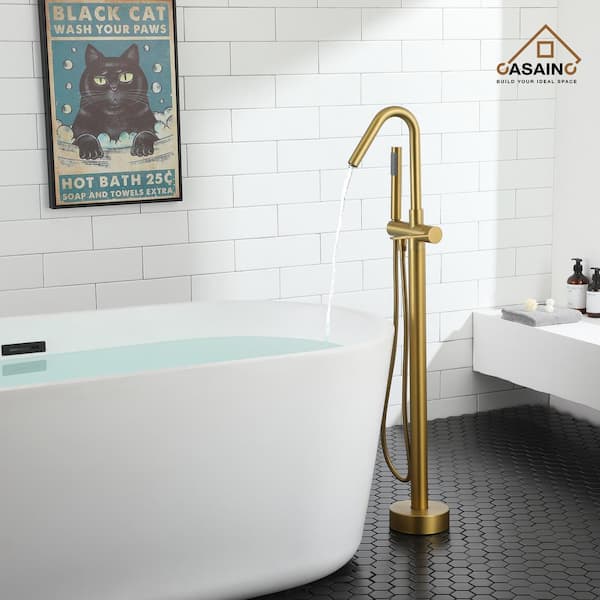 Single-Handle Floor Mount Roman Freestanding Tub Faucet Bathtub Filler with Hand Shower in. Brushed Brass