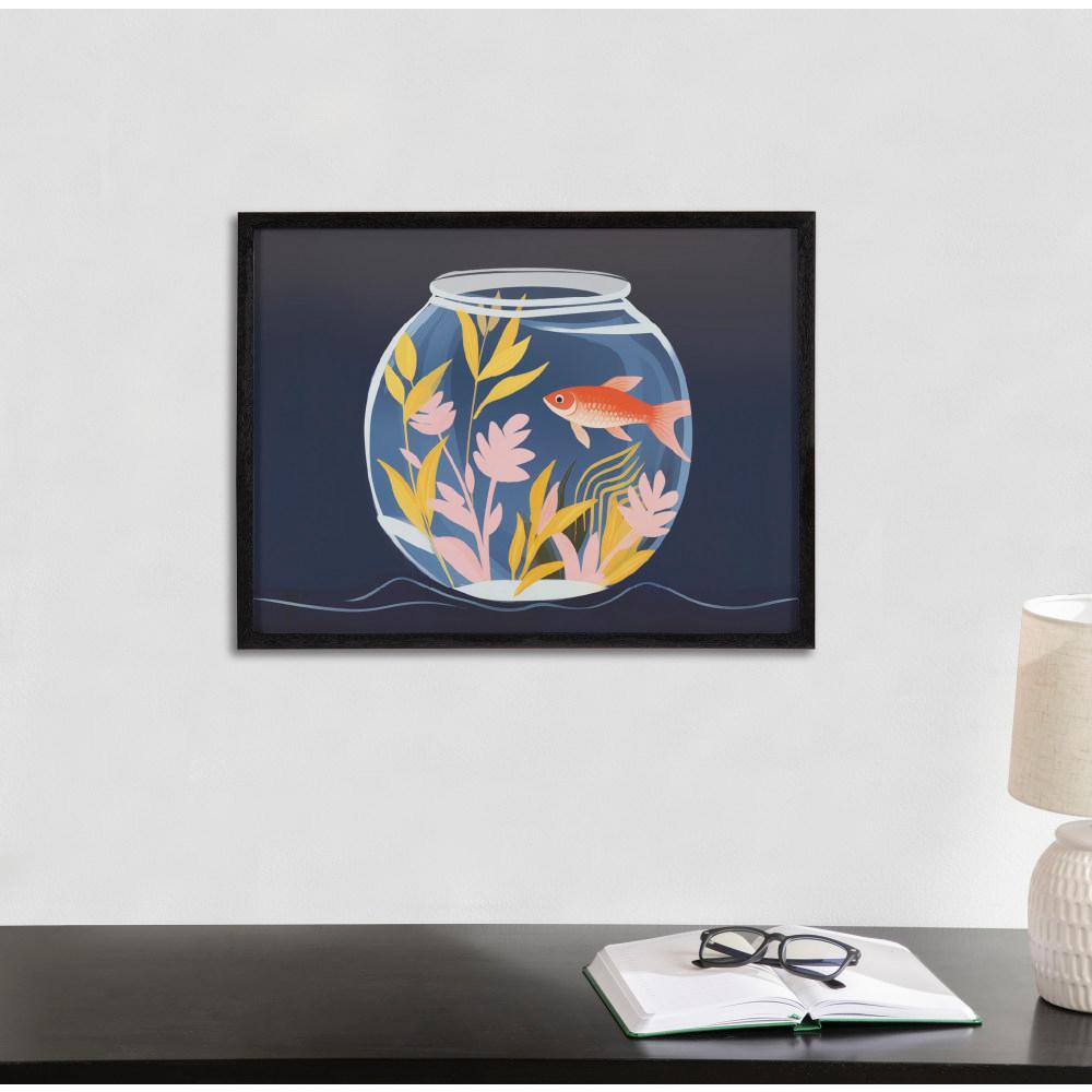 Black Framed Pet Goldfish Print with Colorful Botanicals, 16" x 12"