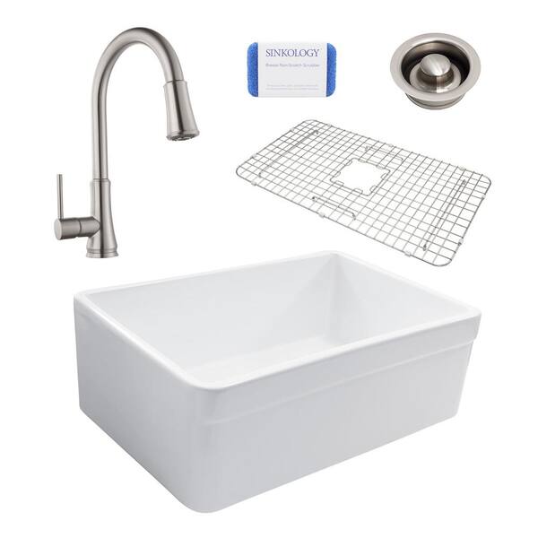 SINKOLOGY Wheatley Reversible All-In-One Farmhouse Fireclay 30 in. Single Bowl Kitchen Sink and Pfister Faucet and Disposal Drain