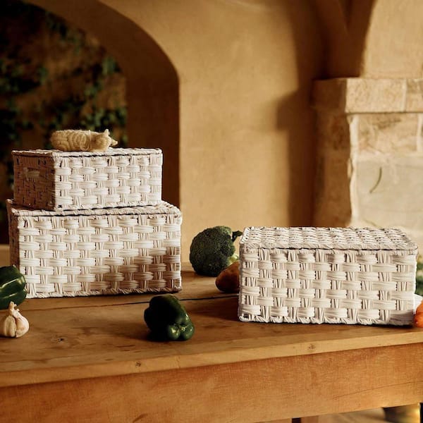 Ivory 14.3 in. x 7 in. Plastic Decorative Basket with Lids Set of