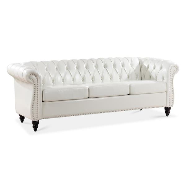 Harper & Bright Designs 84.65 in Wide Rolled Arm Faux Leather Rectangle Chesterfield Sofa in White with Nail Head Trim, Button-Tufted Backrest