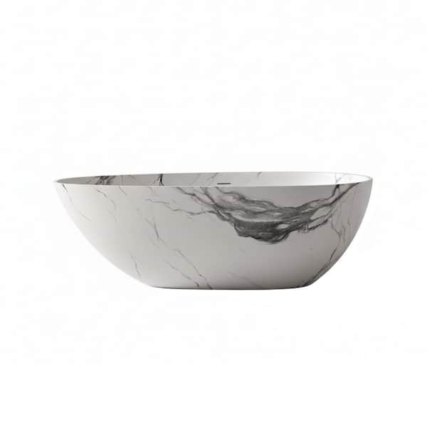 58.95 in. x 30.65 in. Flat Bottom Freestanding Solid Surface Soaking Bathtub with Center Drain in Marble White