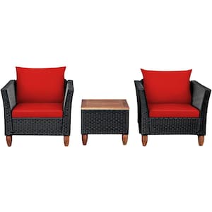 3-Pieces Wicker Patio Conversation Set Wooden Table Top with Red Cushions