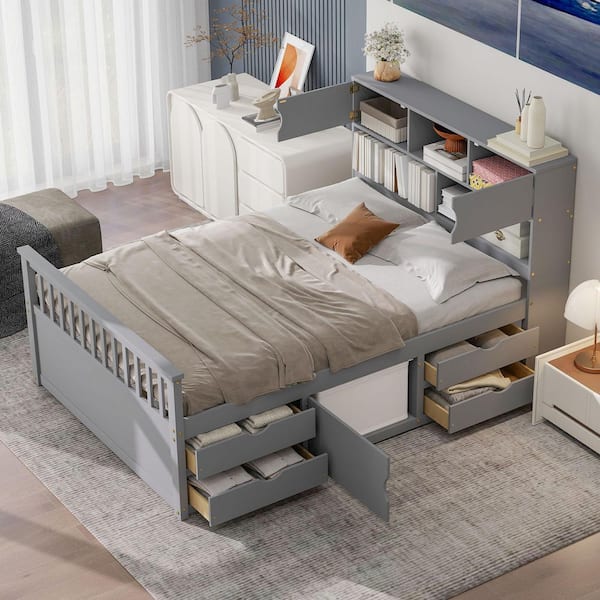 Gray Wood Frame Full Size Captain Platform Bed with Storage Headboard, Bookcases, Shelves