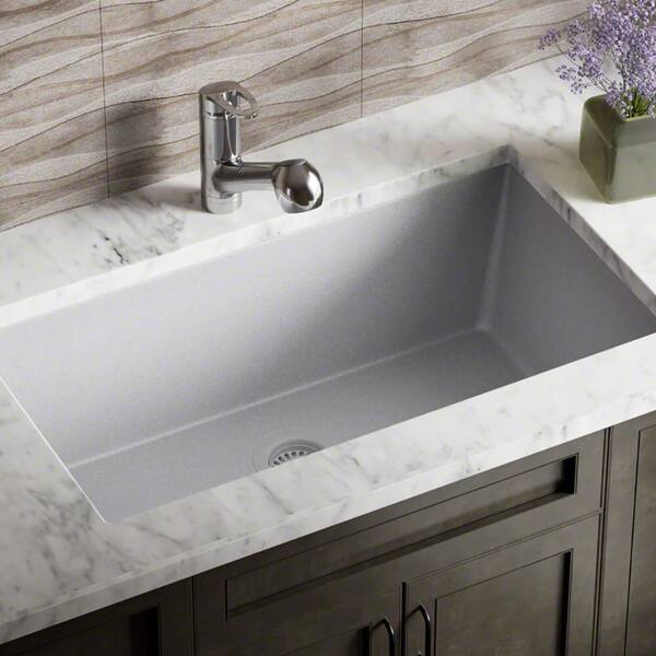 MR Direct Silver Quartz Granite 33 in. Single Bowl Undermount Kitchen Sink with Matching Strainer