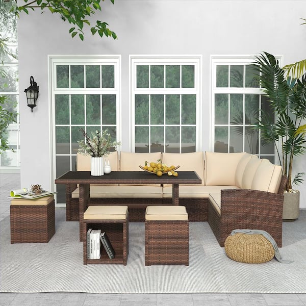Yangming Brown 7-Piece All-Weather Wicker Rattan Outdoor Dining Set with Beige Cushions, 3 Ottoman Chairs for Garden, Poolside