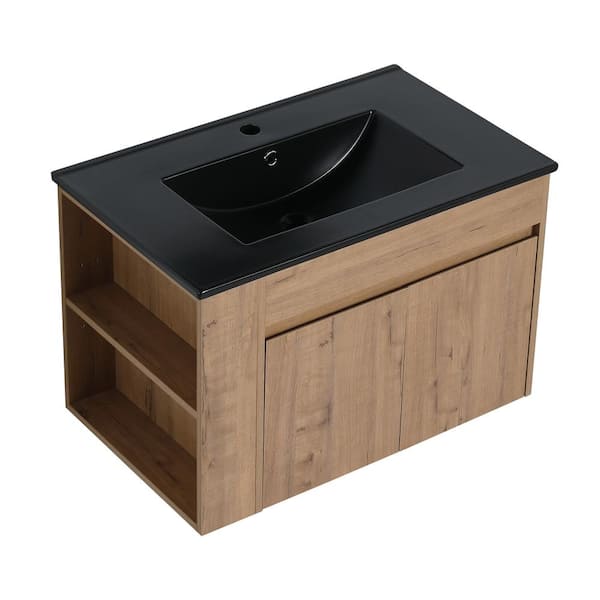 Lycvki 30 in. W x 18.3 in. D x 19.7 in. H Single Sink Floating Bath Vanity in Oak with Black Ceramic Top and Adjust Open Shelf
