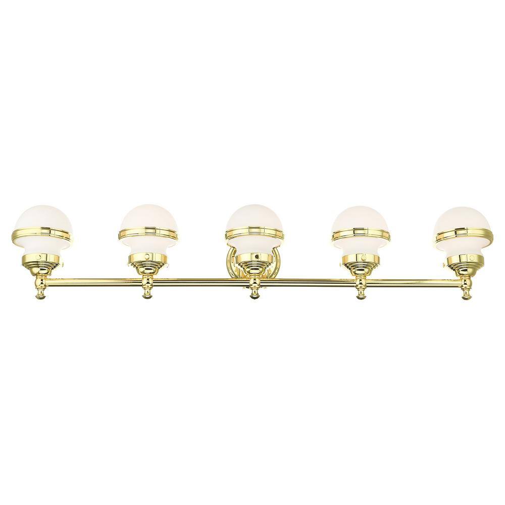 Polished Brass 5-Light Vanity with Satin Opal Glass
