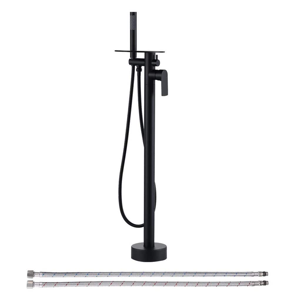 Single-Handle Freestanding Floor Mount Waterfall Brass Tub Filler Faucet with Hand Shower in Matte Black price history on PriceWatchPro