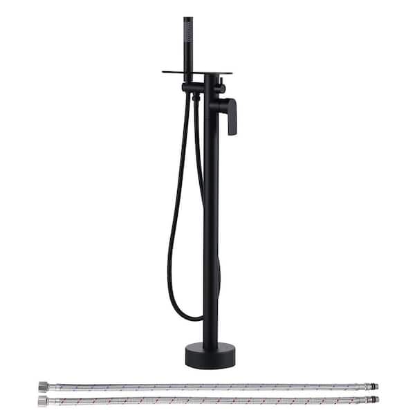 Single-Handle Freestanding Floor Mount Waterfall Brass Tub Filler Faucet with Hand Shower in Matte Black