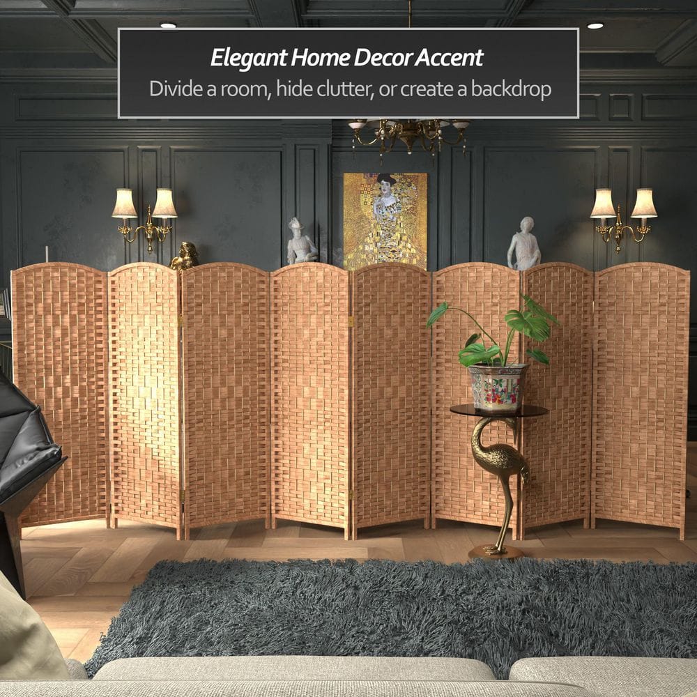 Natural Brown Woven Plant Fiber 8-Panel Folding Screen