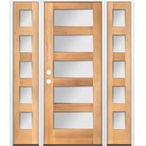 64 in. x 80 in. Modern Douglas Fir 5-Lite Right-Hand/Inswing Frosted Glass Clear Stain Wood Prehung Front Door w/ DSL