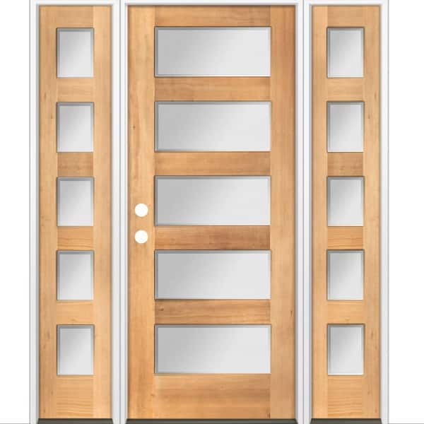 Krosswood Doors 64 in. x 80 in. Modern Hemlock 5-Lite Right-Hand/Inswing Frosted Glass Clear Stain Wood Prehung Front Door w/ DSL