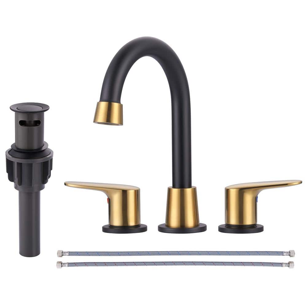 Matte Black and Gold Widespread Bathroom Faucet with High Arc Spout