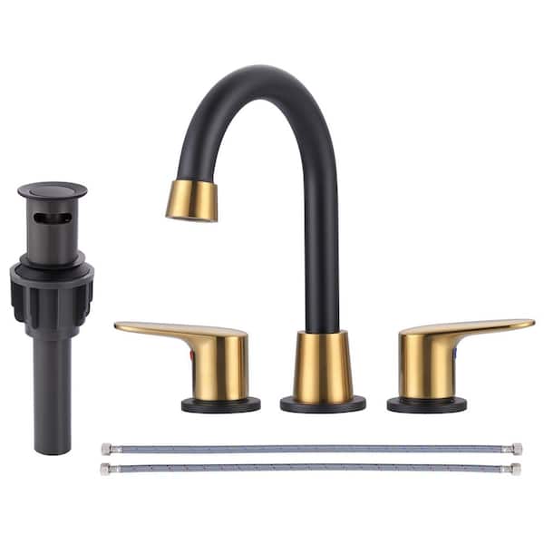 IVIGA 8 in. Widespread Double Handle Bathroom Faucet with Pop Up Drain in Black and Gold