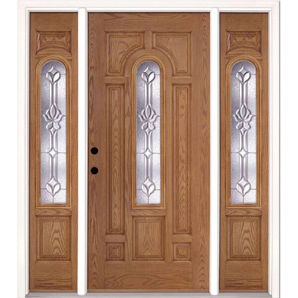 Feather River Doors 67.5 in.x81.625 in. Medina Zinc Center Arch Lite Stained Light Oak Right-Hand Fiberglass Prehung Front Door w/Sidelites