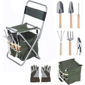 9-Piece Garden Tools Set Ergonomic Wooden Handle Sturdy Stool with Detachable Tool Kit