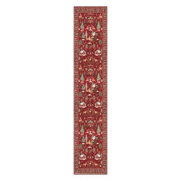2 ft. x 10 ft. Red Holiday Woodland Washable Runner Rug