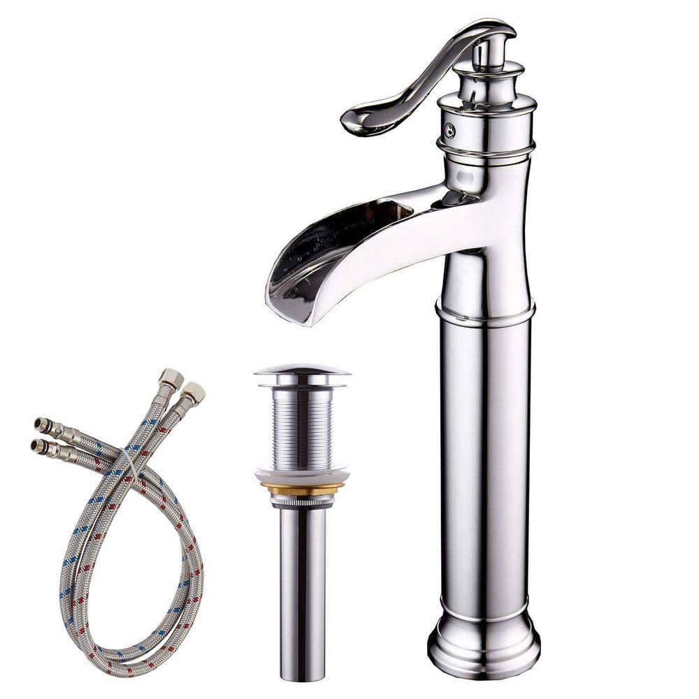 Single Handle Single Hole Waterfall Bathroom Vessel Sink Faucet with Pop-Up