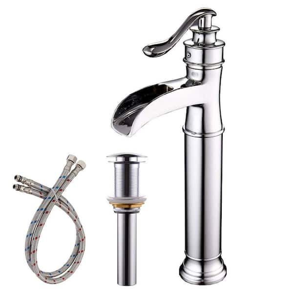 Unbranded Single Handle Single Hole Waterfall Bathroom Vessel Sink Faucet with Pop-Up Drain Assembly Included in Polished Chrome