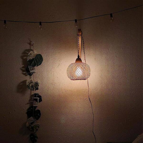 Handwoven Wooden Pumpkin Wall Sconce With Plug-in Cord – Farmhouse Rustic 2-in-1 Lamp (Wall Or Pendant), Wicker Bracket, Hemp Rope, E26 Socket, No Bulb – For Bedroom, Living Room, Boho Decor