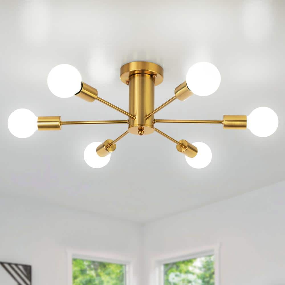 Gold 6-Light Sputnik Semi-Flush Mount Ceiling Fixture