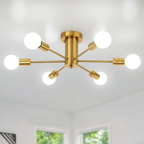 ZJVAIVE 21.81 in. 6-Light Gold Sputnik Semi- Flush Mount For Foyer ...