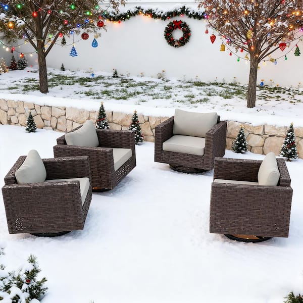 Patio Brown Swivel Wicker Outdoor Rocking Chair with Beige Cushions (4-Pack)