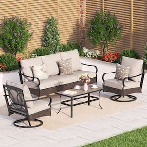 Black Rattan 5 Seat 4-Piece Steel Outdoor Patio Conversation Set with Beige Cushions, Table with Wood-Grain Top