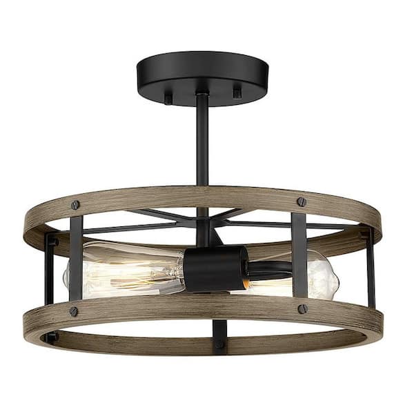 TAIFOND 12.9 in. 2-Light Imitation Wood Rustic Retro Semi-Flush Mount Ceiling Lamp