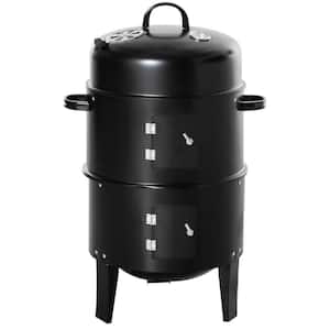 3-in-1 16 in. Round Vertical Charcoal BBQ Smoker, Charcoal Barbecue Grill in Black with 2 Cooking Area, Thermometer