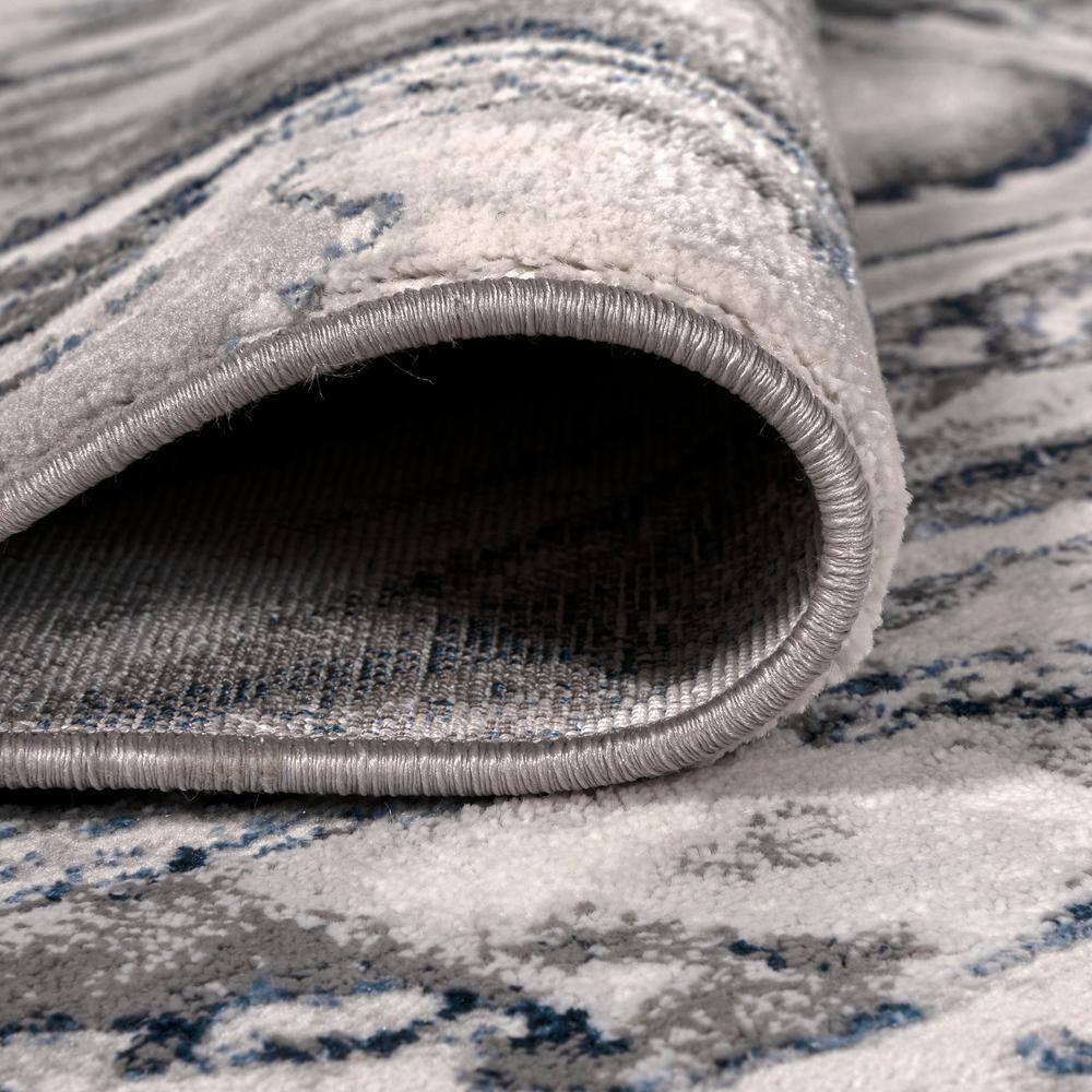 Gray and Blue Marbled Abstract Synthetic Area Rug