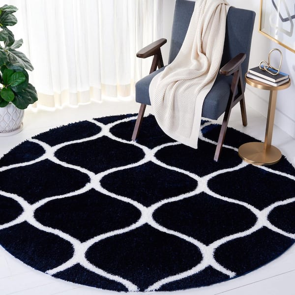 Tahoe Shag 7 ft. x 7 ft. Navy/White Trellis Modern Round Area Rug