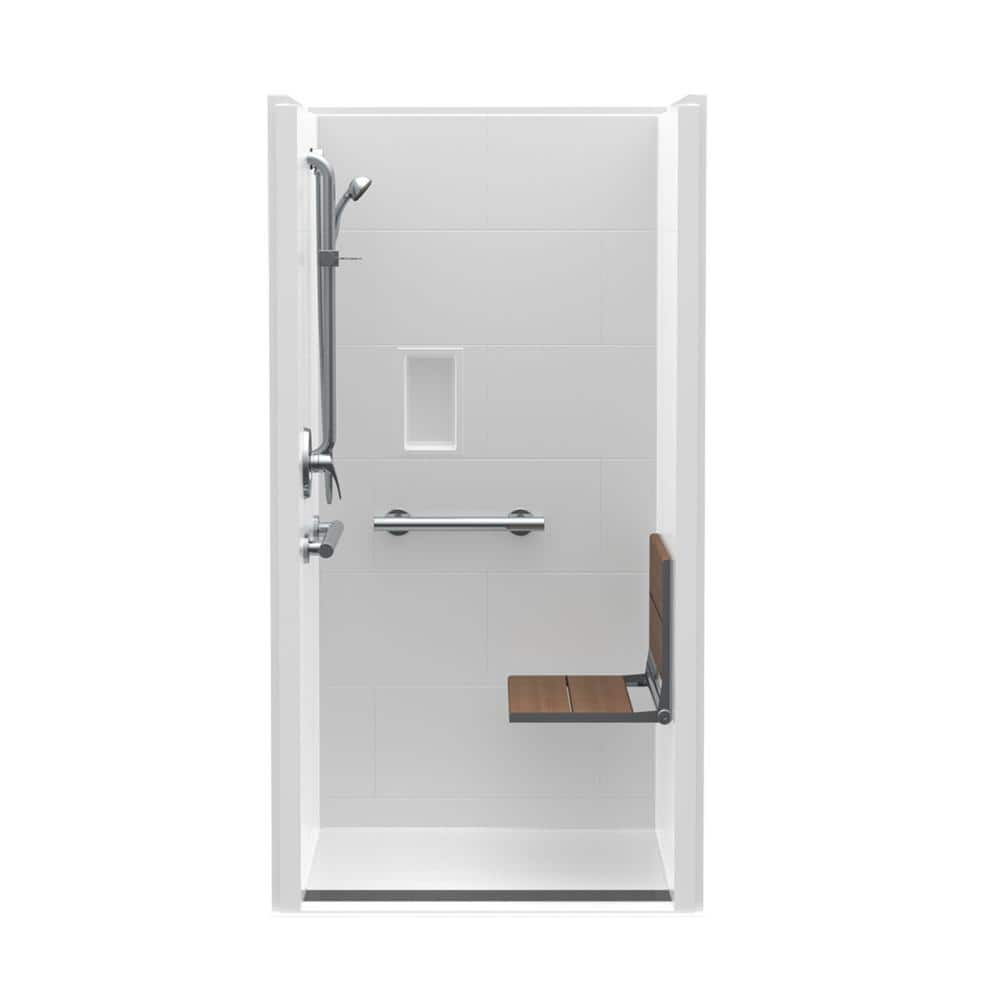 Trench Drain 36 in. x 36 in. x 76-3/4 in. Shower Stall Right Teak Seat with