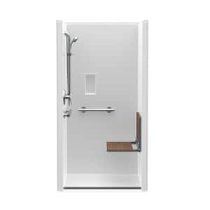 Trench Drain 36 in. x 36 in. x 76-3/4 in. Shower Stall Right Teak Seat with Grab Bars and Shower Valve in White