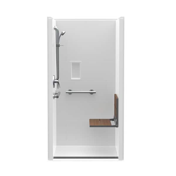 Aquatic Trench Drain 36 in. x 36 in. x 76-3/4 in. Shower Stall Right Teak Seat with Grab Bars and Shower Valve in White