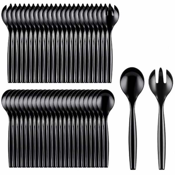 48-Piece Set of 10 in Heavy-Duty Black Plastic Serving Spoons and Forks for Parties and Food Service