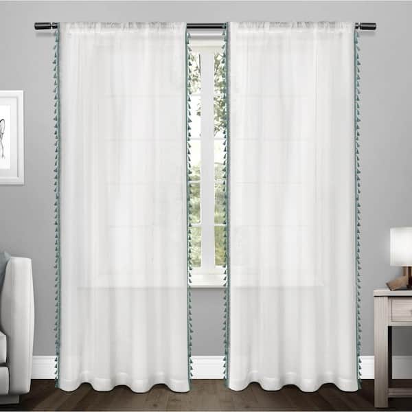 EXCLUSIVE HOME Tassels Teal Solid Sheer Rod Pocket Curtain, 54 in. W x 84 in. L (Set of 2)